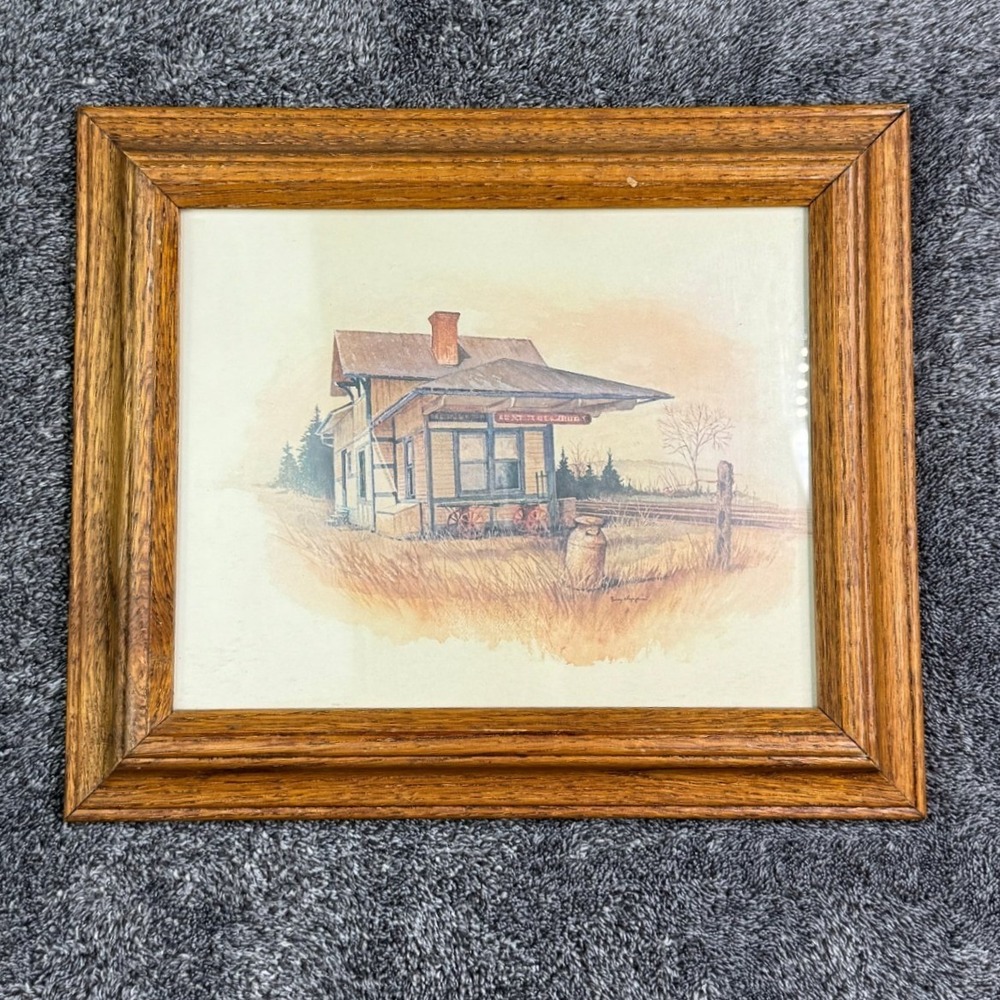 Vintage Train Station Art Print Rustic Wood Framed Americana Decor 12.5x10.5